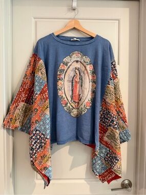 Blue Velvet Virgin Mary Print Kantha Poncho Top